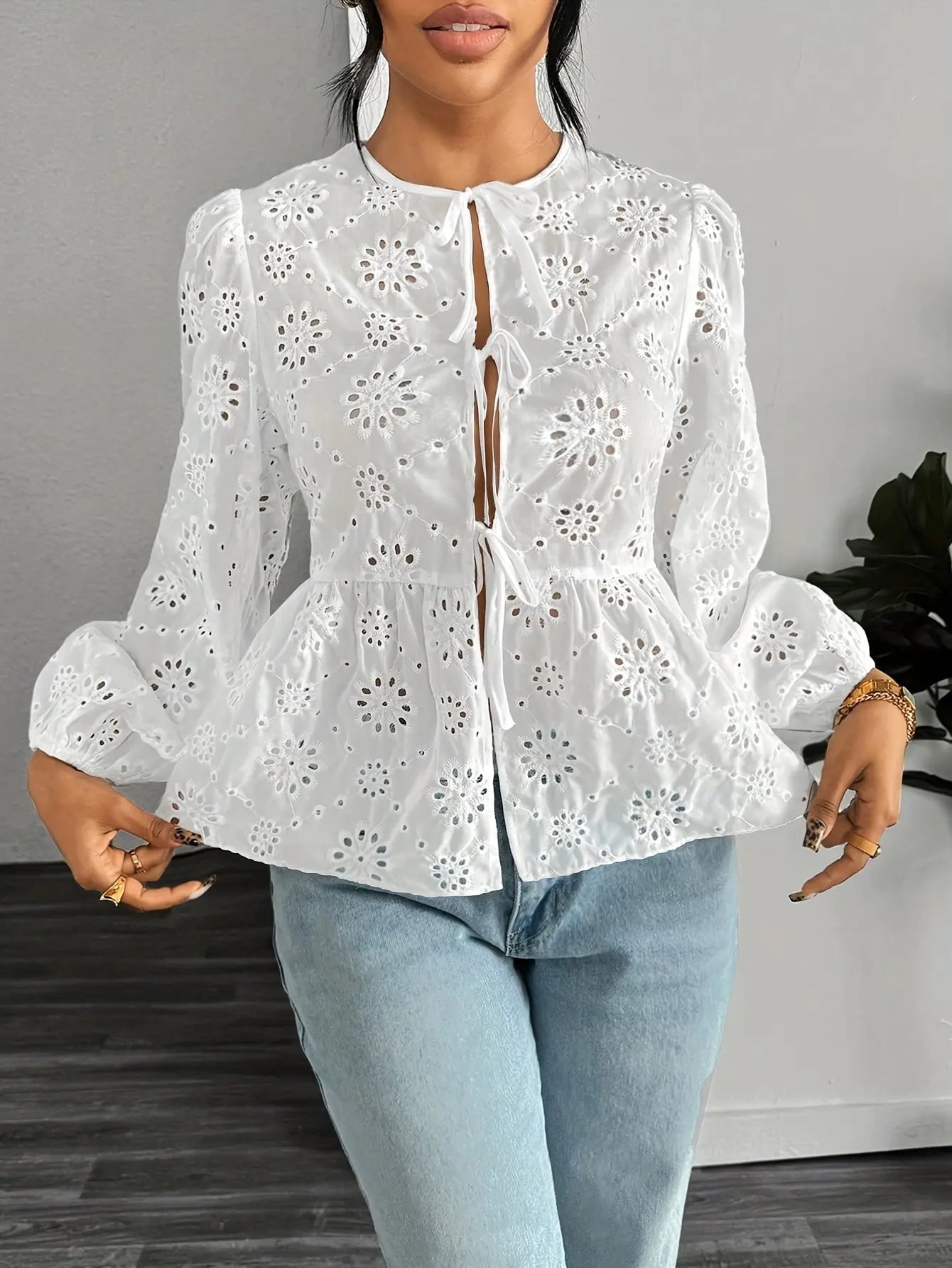 Eyelet Embroidered Tie Front Blouse, Elegant Lantern Sleeve Solid Color Blouse For Spring & Fall, Women's Clothing MyFave Boutique