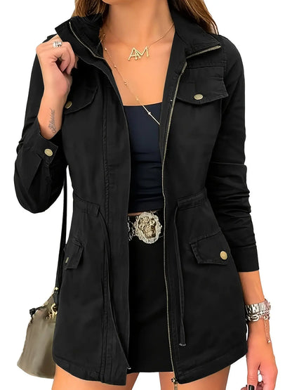 Women's Lightweight Military Jacket with Zip-Up, Drawstring, and Pockets MyFave Boutique