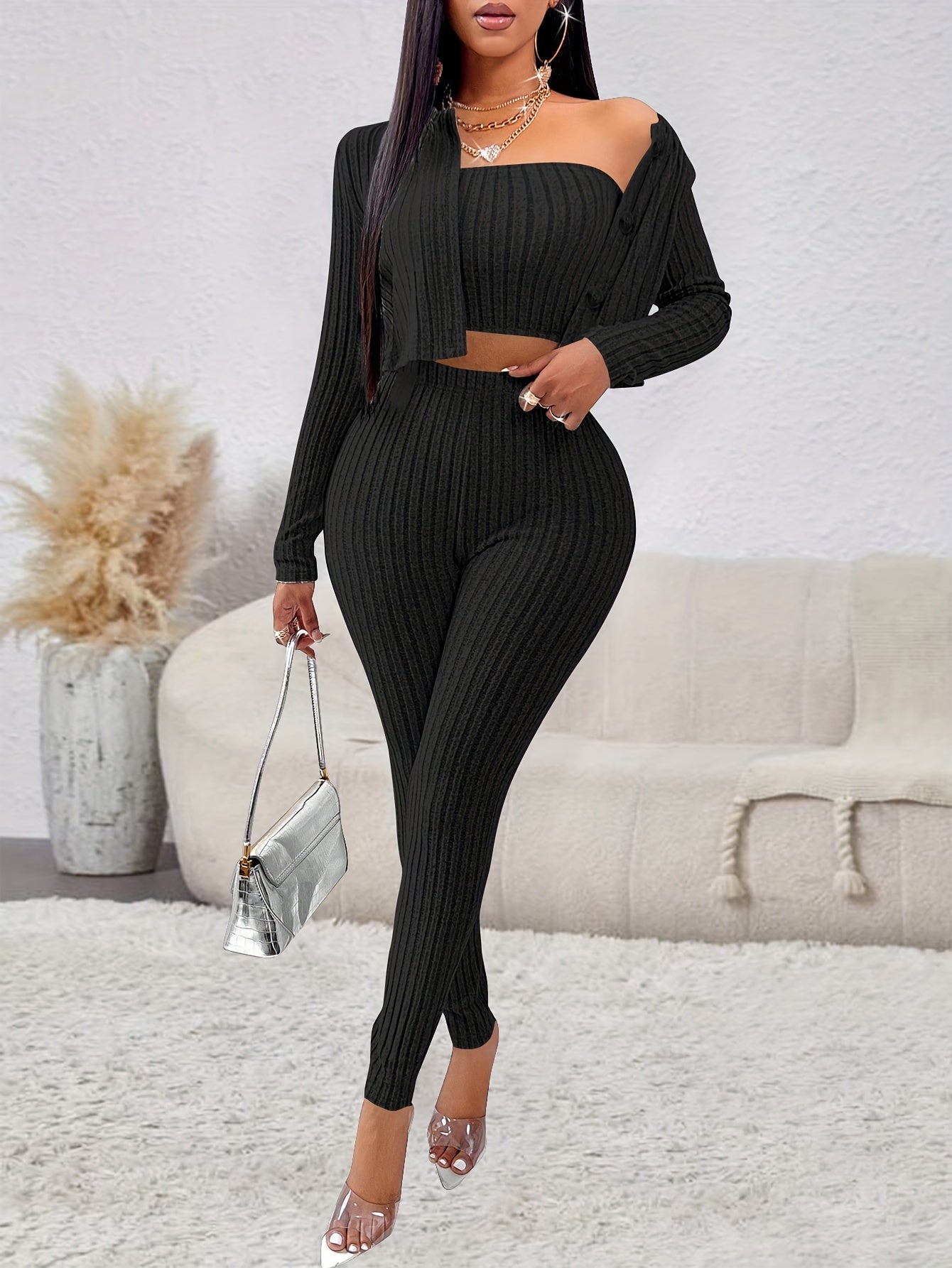 Ribbed Casual Three-piece Set, Button Front Long Sleeve Cardigan & Sleeveless Crop Top & Slim Pants Outfits, Women's Clothing MyFave Boutique