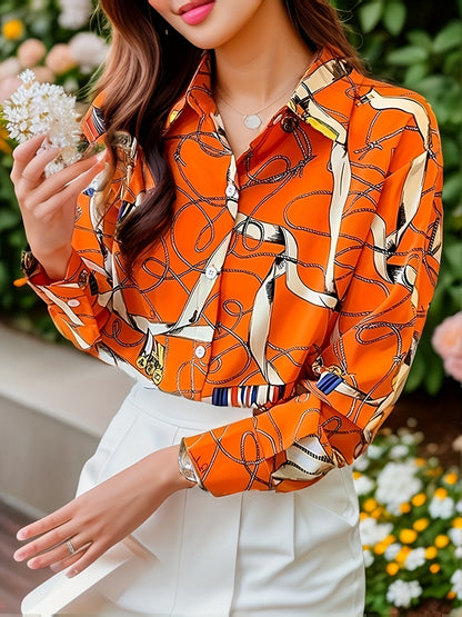 Chain Print Button Down Blouse, Elegant Collared Long Sleeve Blouse For Spring & Fall, Women's Clothing MyFave Boutique