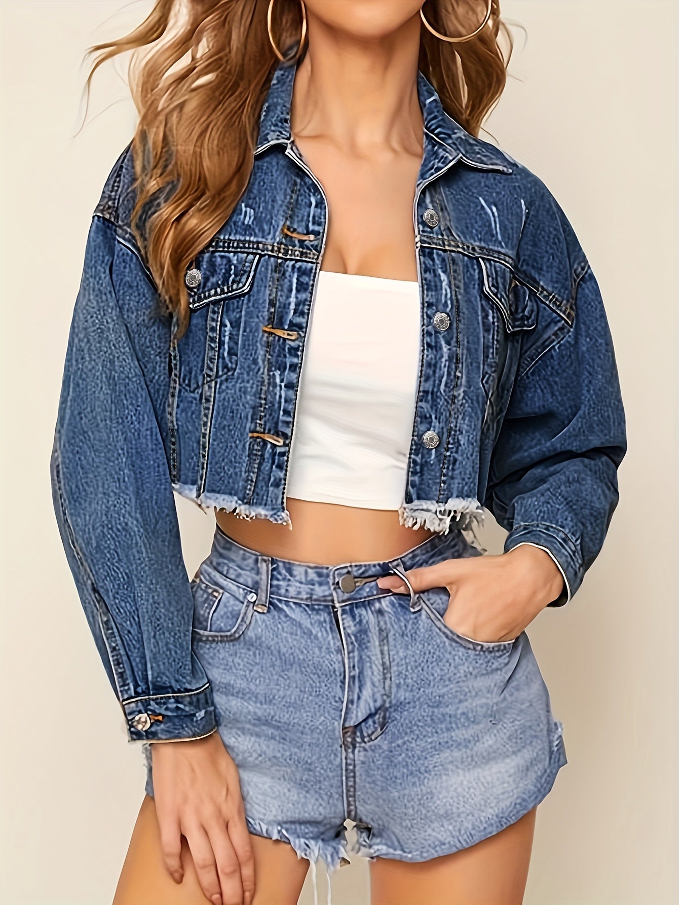 Fashion Trend Women's Short All-in-one Slim Denim Jacket With Raw Edge MyFave Boutique