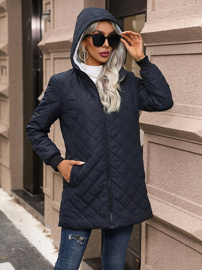 Quilted Full Zip Hooded Down Coat, Casual Solid Color Long Sleeve Pocket Down Coat For Fall & Winter, Women's Clothing MyFave Boutique