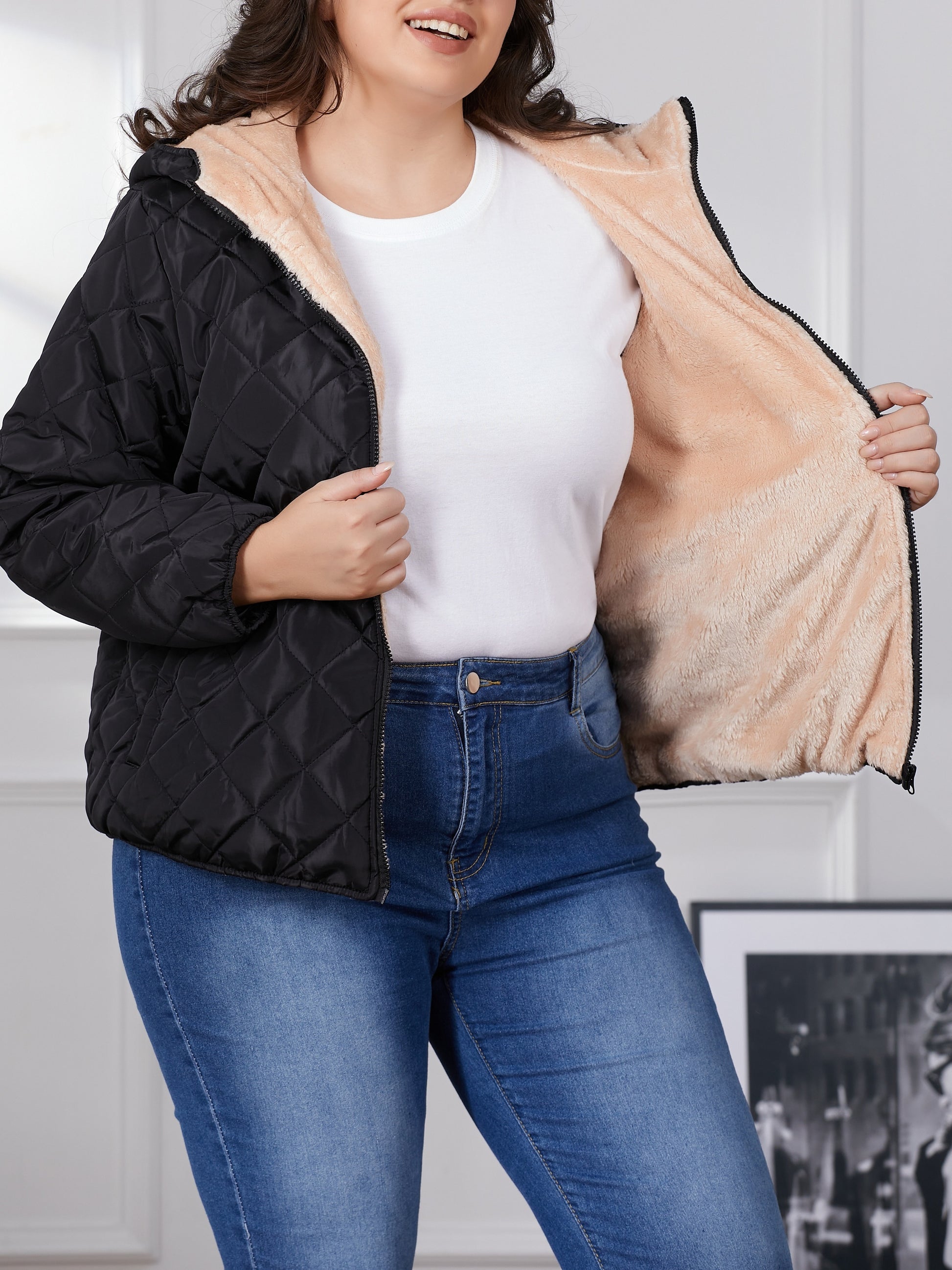 Plus Size Color Block Quilted Pocket Coat, Casual Fuzzy Hooded Long Sleeve Full Zipper Coat For Winter, Women's Plus Size Clothing MyFave Boutique