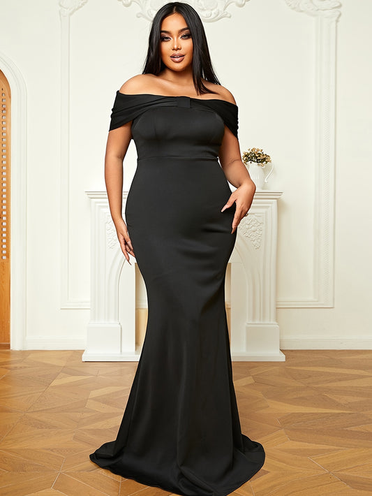 Plus Size Off Shoulder Solid Bridesmaid Dress, Elegant Cinched Waist Fit & Flare Dress,Long Dress Bodycon, For Wedding Party, Women's Plus Size Clothing MyFave Boutique