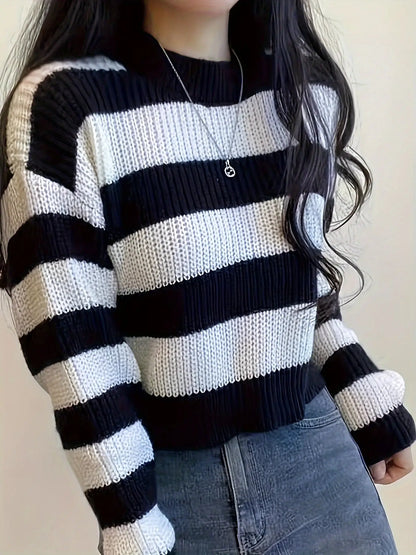 Stripe Pattern Crew Neck Sweater, Casual Long Sleeve Sweater For Fall & Winter, Women's Clothing MyFave Boutique