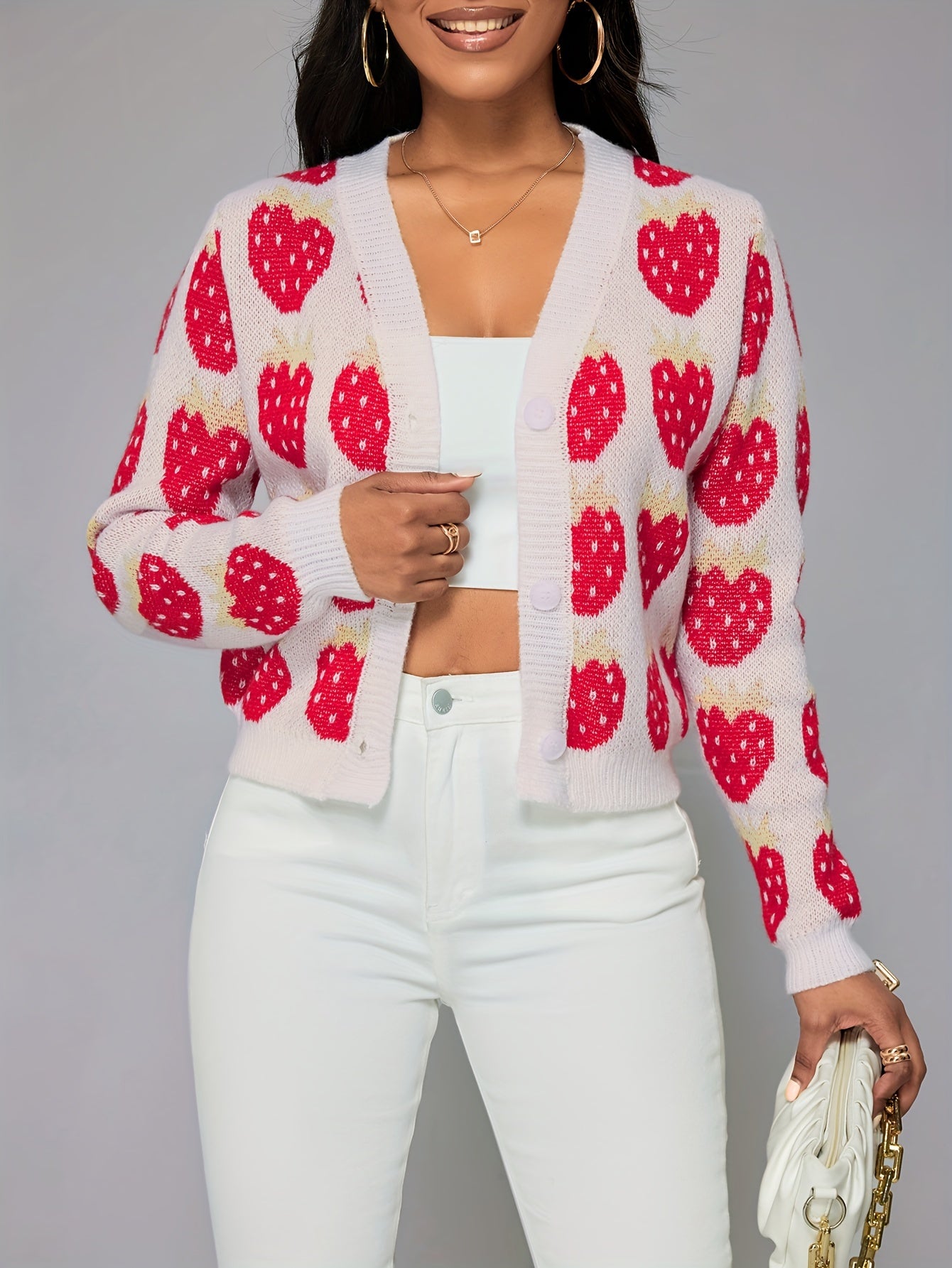 Strawberry Pattern Button Front Cardigan, Elegant Long Sleeve Drop Shoulder Outwear, Women's Clothing MyFave Boutique