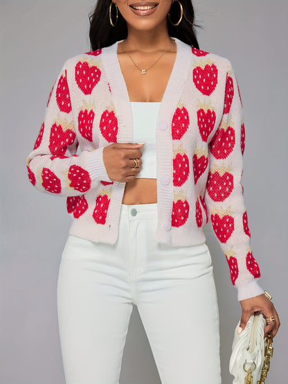 Strawberry Pattern Button Front Cardigan, Elegant Long Sleeve Drop Shoulder Outwear, Women's Clothing MyFave Boutique