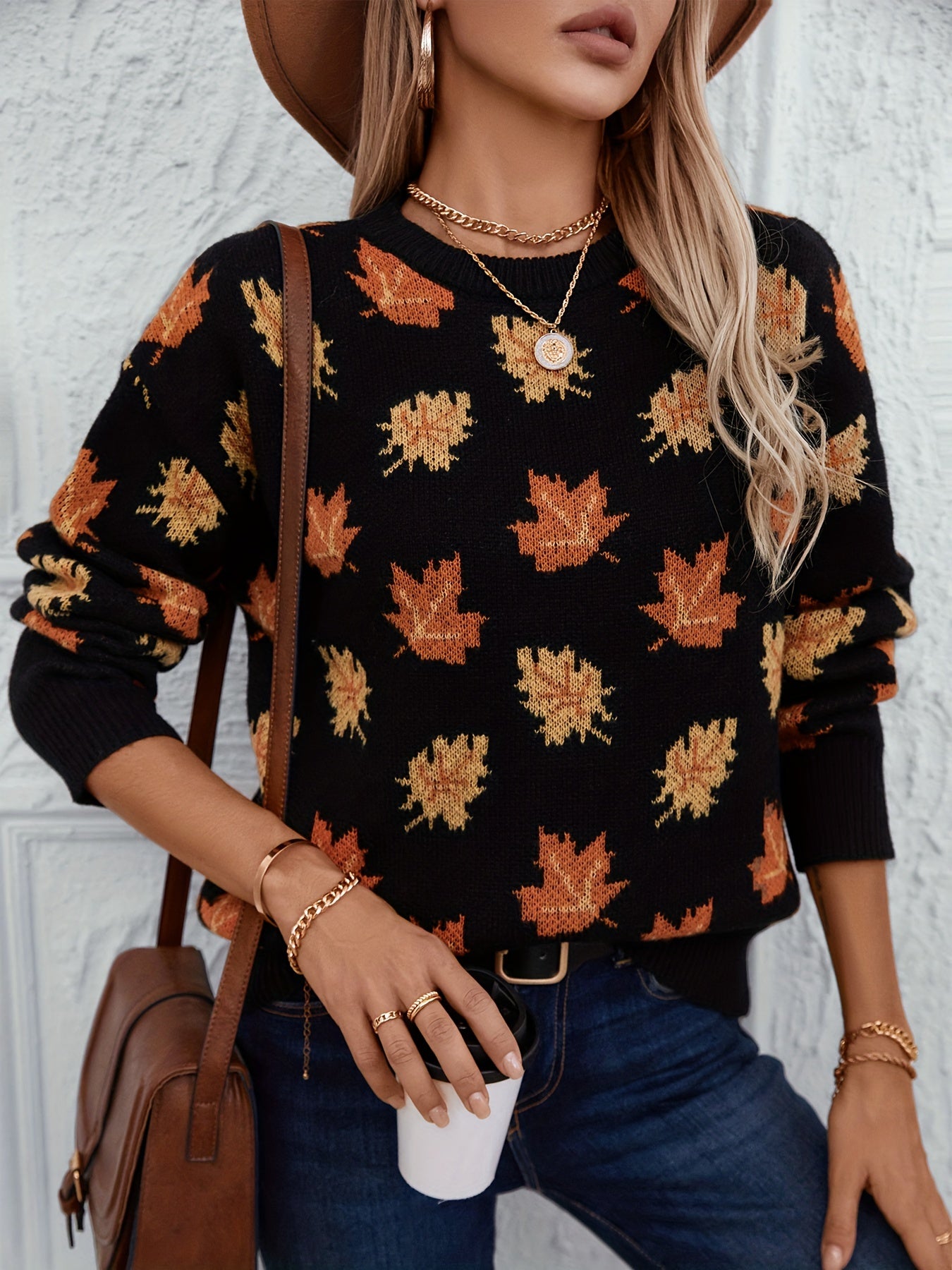 Autumn Maple Leaf Print Crew Neck Sweater - 100% Polyester Casual Knit Pullover with Long Sleeves, Slight Stretch, Loose Fit for Fall/Winter MyFave Boutique