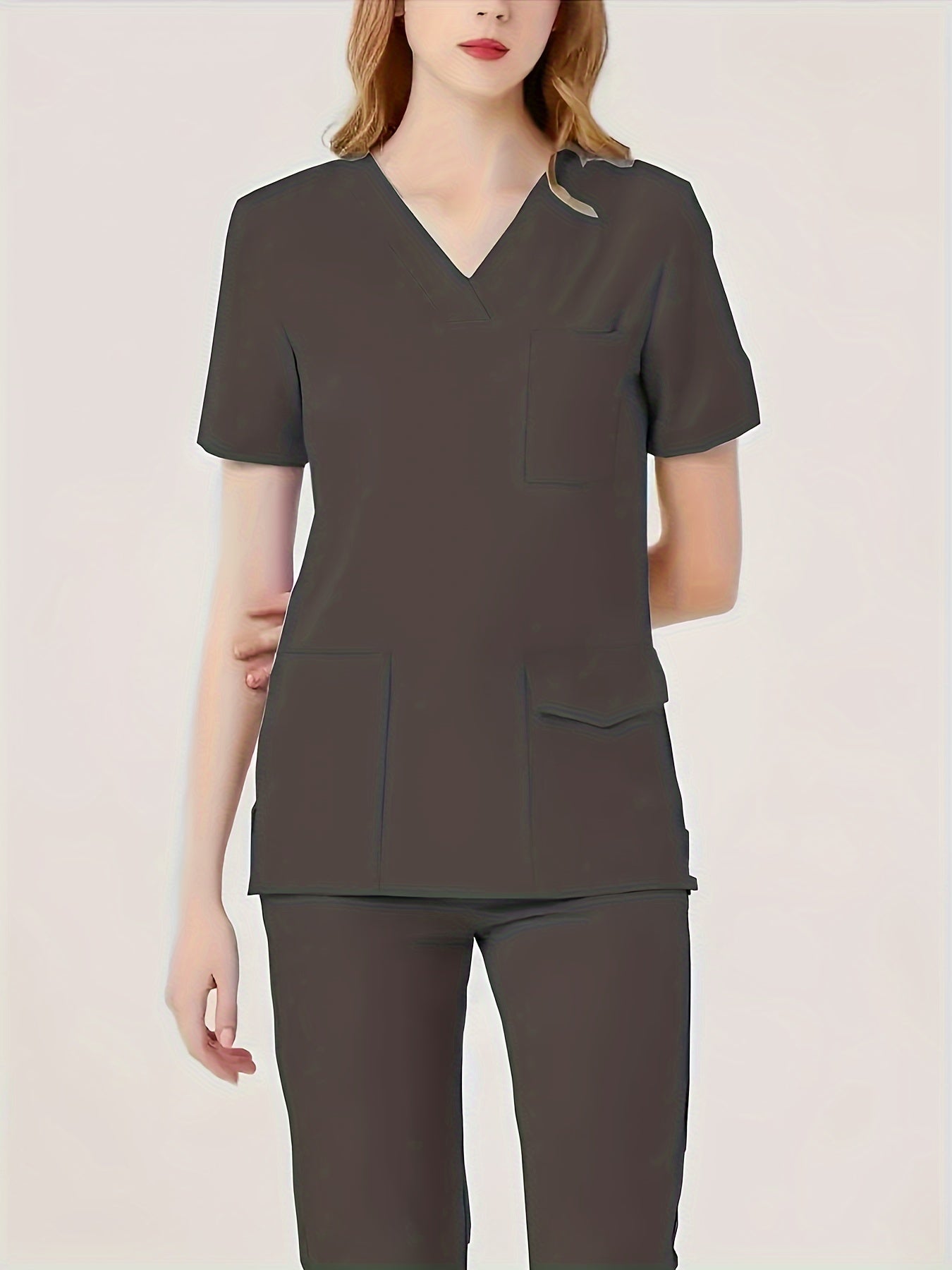 Comfortable & Functional Matching Two-piece Set, Pockets V-neck Top & Solid Pants Health Care Uniform, Women's Clothing MyFave Boutique