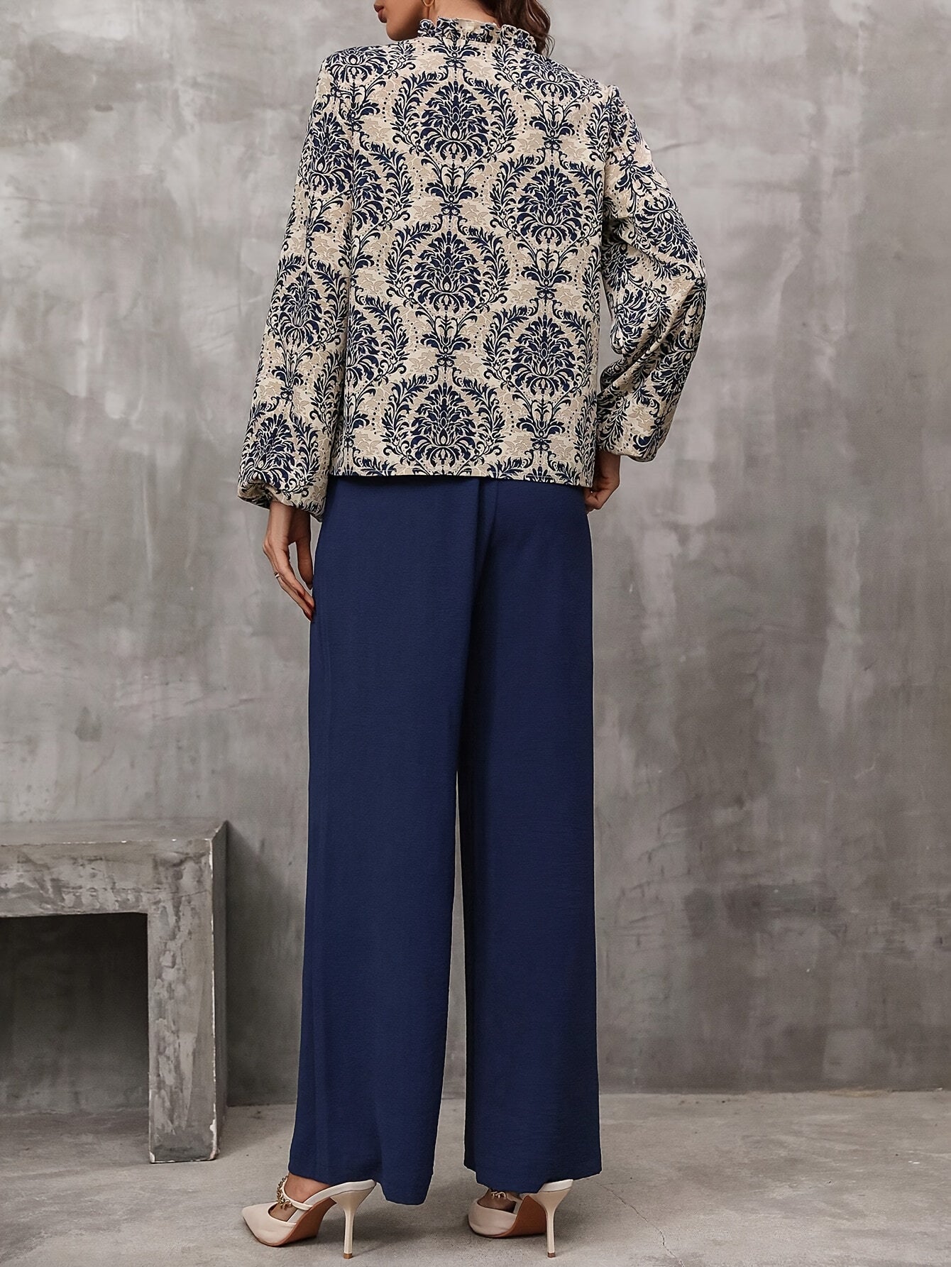 Elegant Paisley Print Lantern Sleeve Blouse and Tie-Waist Wide Leg Pants Set - Polyester Blend (96% Polyester, 4% Elastane), V-Neck, Woven, Perfect for Spring/Fall MyFave Boutique