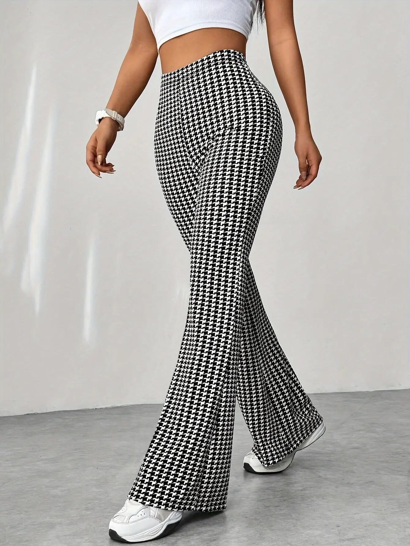 Houndstooth Flare Leg Pants, Elegant High Waist Forbidden Pants For Spring & Summer, Women's Clothing MyFave Boutique