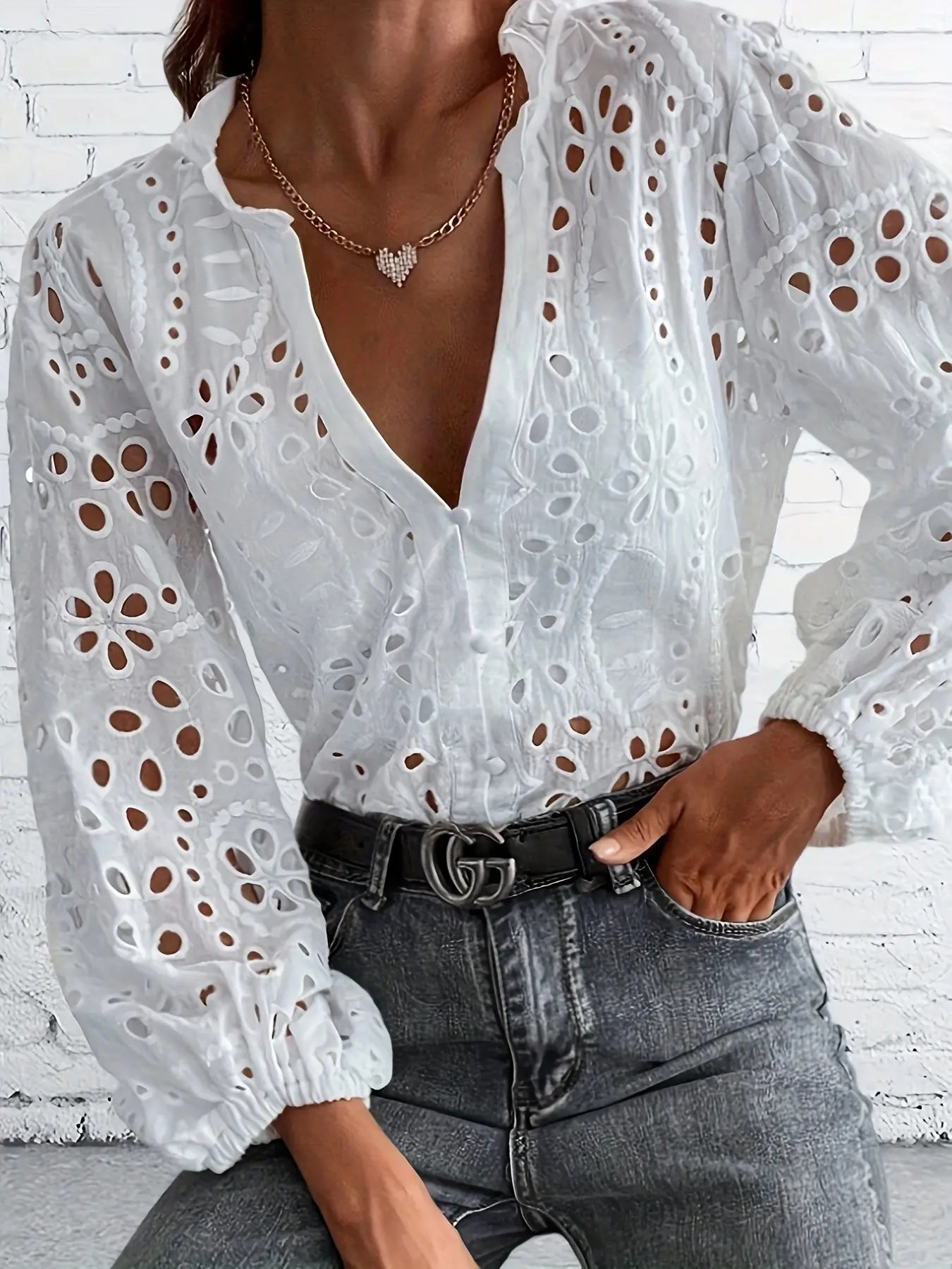 Button Notch Neck Eyelet Blouse, Casual Long Sleeve Blouse For Spring & Fall, Women's Clothing MyFave Boutique