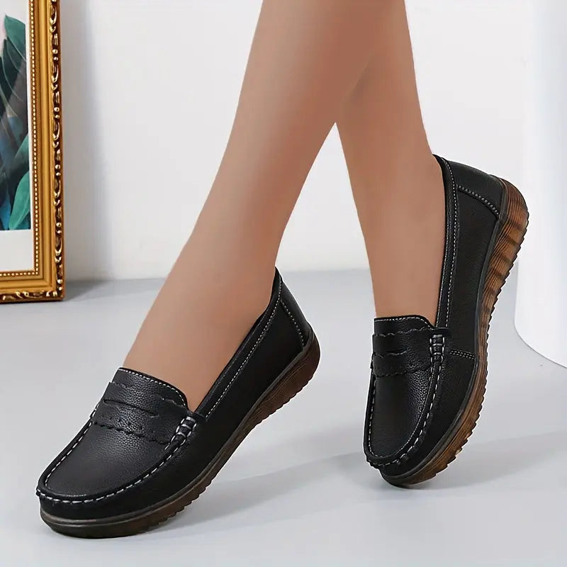 Women's Solid Color Penny Loafers, Comfort Soft Sole Slip On Shoes, Casual Faux Leather Flat Shoes MyFave Boutique