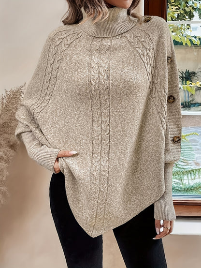 Cable Knit Button Decor Cape Sweater, Elegant Hanky Hem Turtleneck Batwing Sleeve Sweater For Fall & Winter, Women's Clothing MyFave Boutique