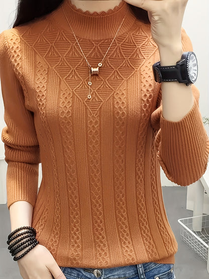 Cable Knit Mock Neck Sweater, Vintage Long Sleeve Sweater For Fall & Winter, Women's Clothing MyFave Boutique