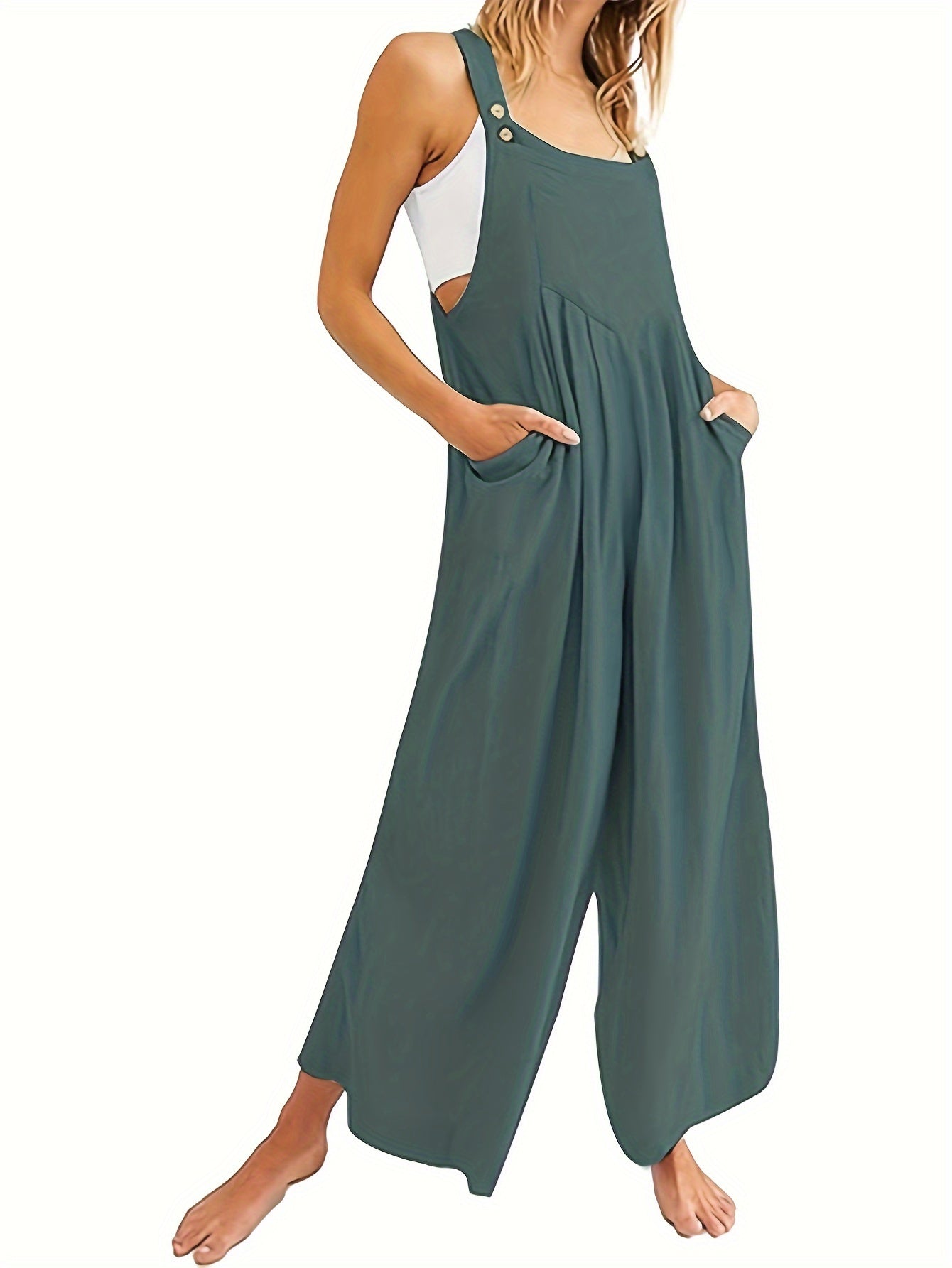 Solid Color Wide Leg Overall Jumpsuit, Casual Sleeveless Loose Overall Jumpsuit With Pocket, Women's Clothing MyFave Boutique