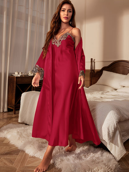 Luxurious Contrast Lace Satin Pajama Set with Long Sleeve Robe, Belt, and V-Neck Slip Dress - Perfect Women's Sleepwear and Loungewear for Ultimate Comfort and Style MyFave Boutique