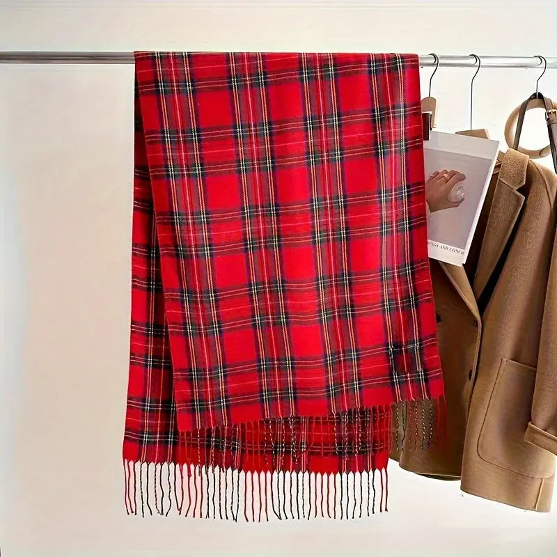 Elegant Red Plaid Scarf for Women - Extra Long, Oversized Tassel Shawl, Warm & Windproof Polyester Outdoor Wrap MyFave Boutique