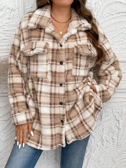 Elegant Women's Plaid Fleece-Lined Jacket - Casual Shirt Style with Pockets, Machine Washable - Perfect for Fall/Winter MyFave Boutique