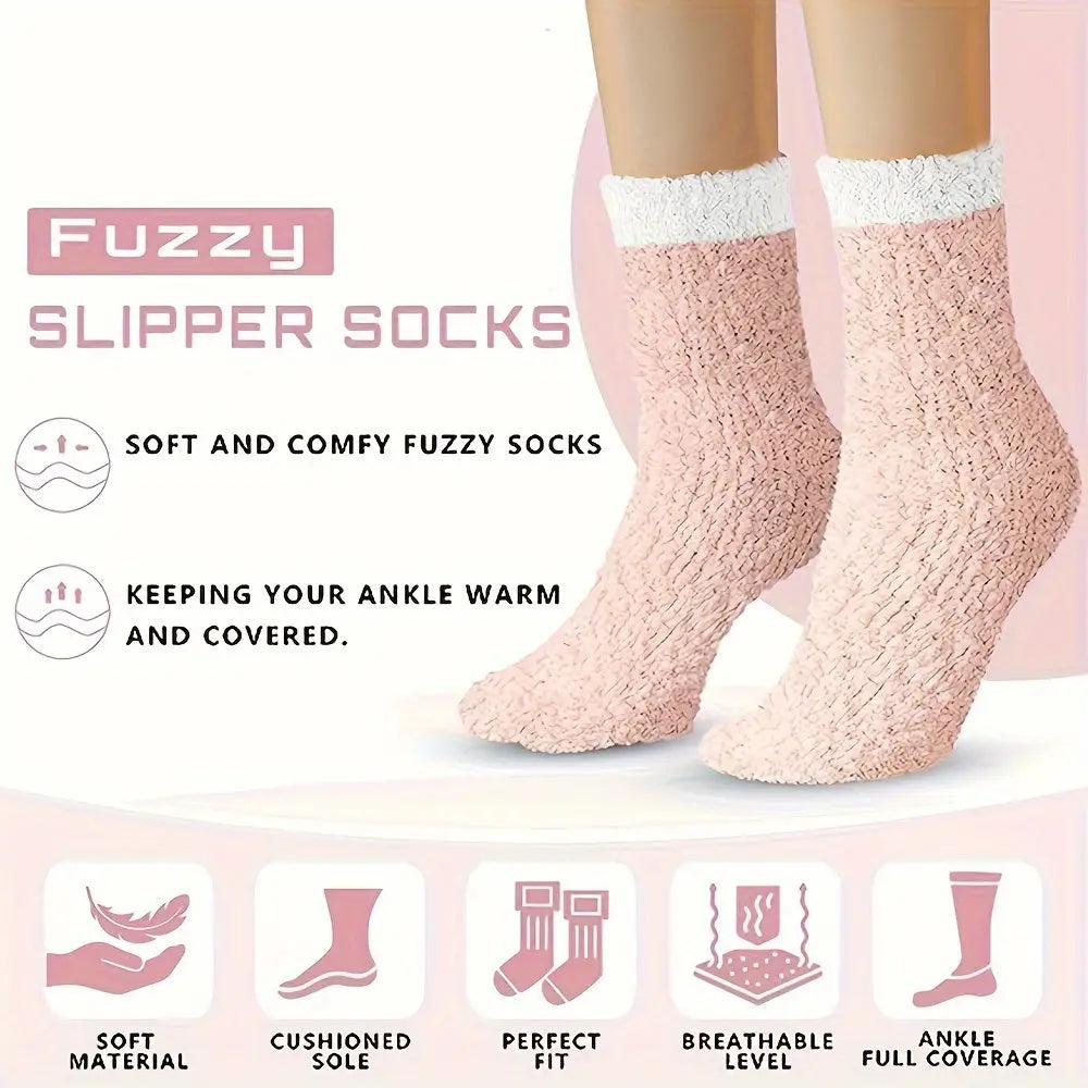 Women's Plush Fuzzy Slipper Footwear - 7 Pairs, Polyester and Elastane Knee-length Cozy Warm Thermal Indoor Shoes with Fleece Lining MyFave Boutique