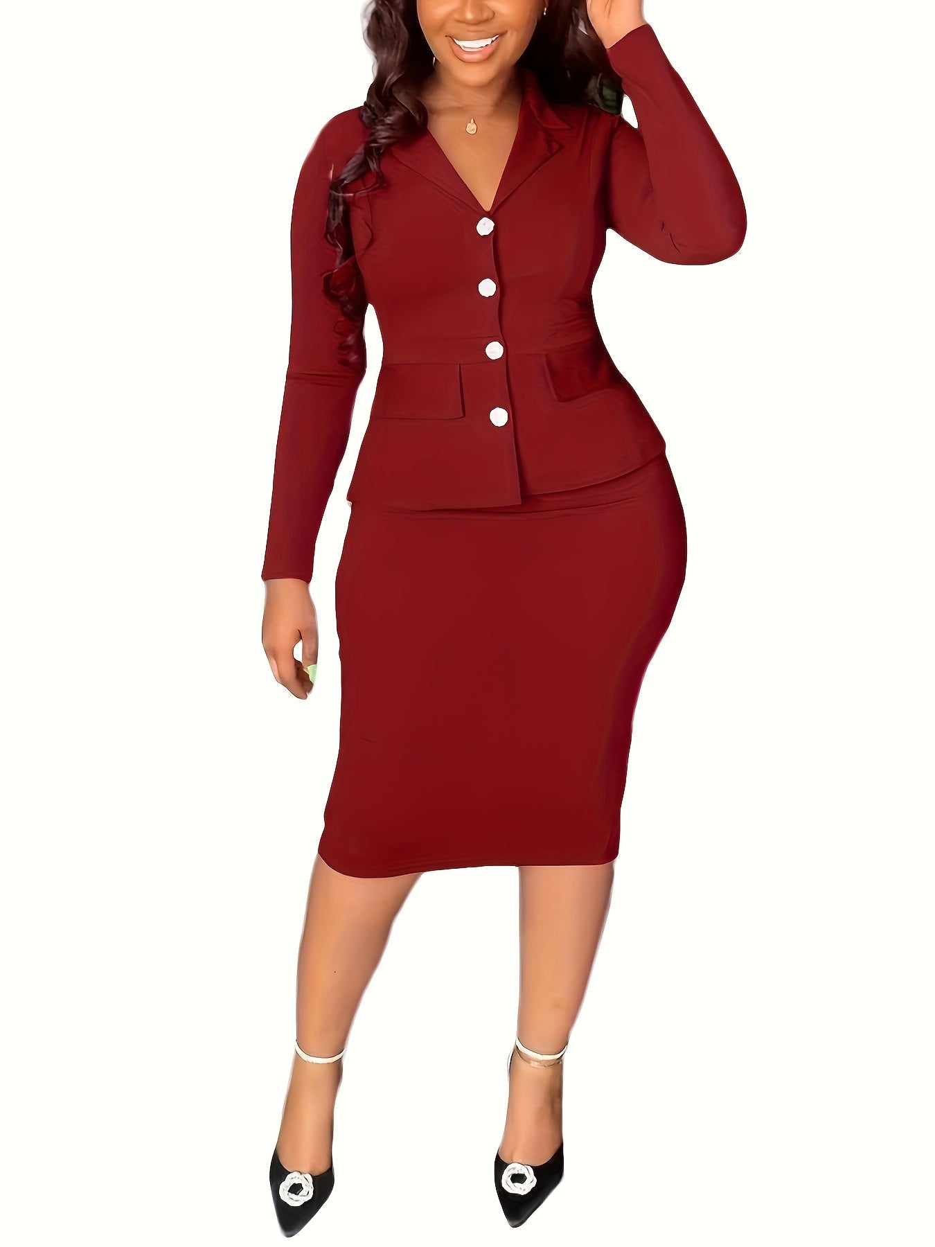 Womens Solid Long Sleeve Business Dress Suit Midi Skirts Set For Work MyFave Boutique