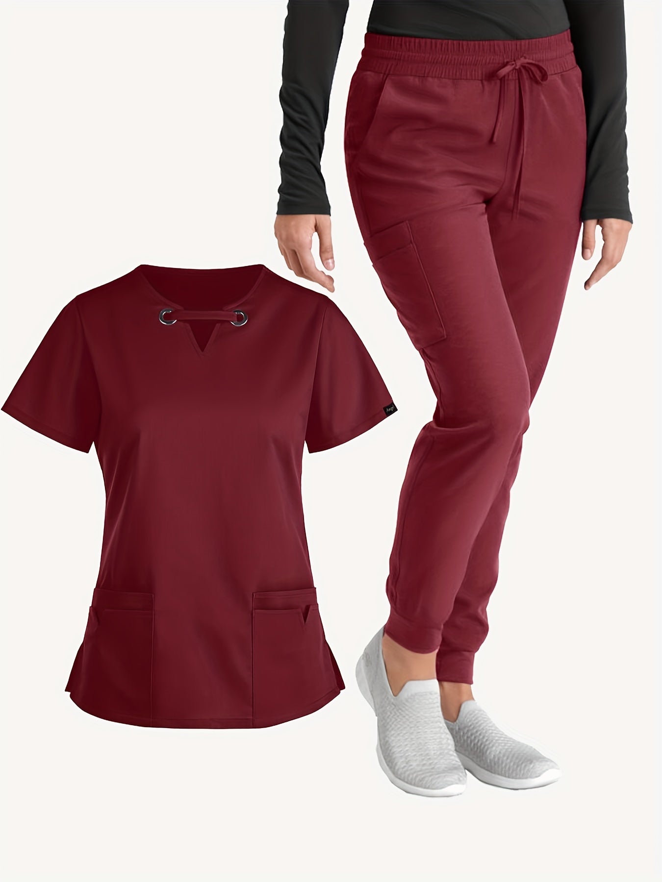 Solid Two-piece Set, Elegant V Neck Short Sleeve Scrub Top & Drawstring Pants Outfit For Medical & Health Care, Women's Clothing MyFave Boutique