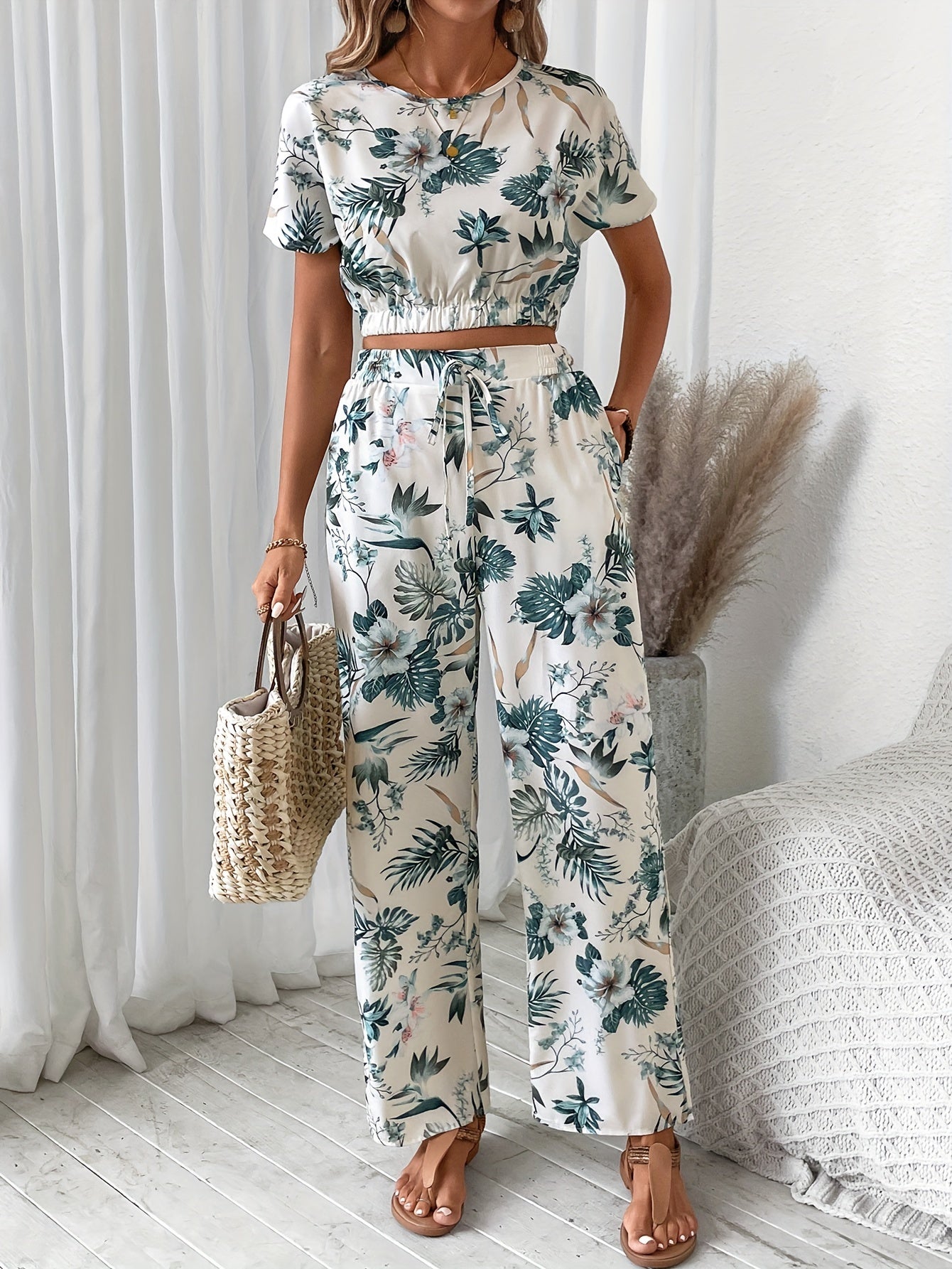 Floral Print Vacation Style Set, Crop Short Sleeve Crew Neck Blouse & Loose Wide Leg Pants, Women's Clothing MyFave Boutique