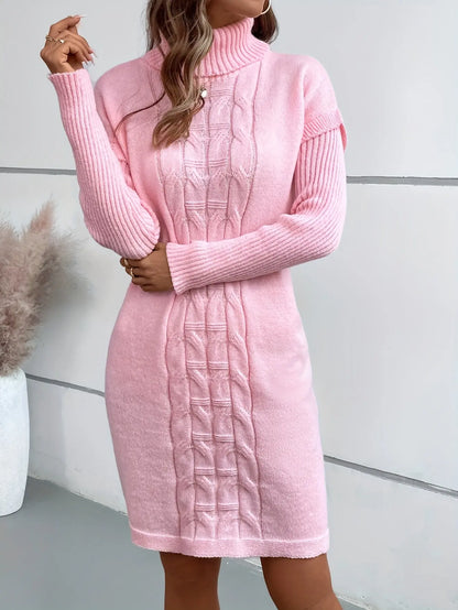 Long Sleeve Cable Knit Dress, Elegant Solid Color Turtle Neck Drop Shoulder Slim Dress For Fall & Winter, Women's Clothing MyFave Boutique