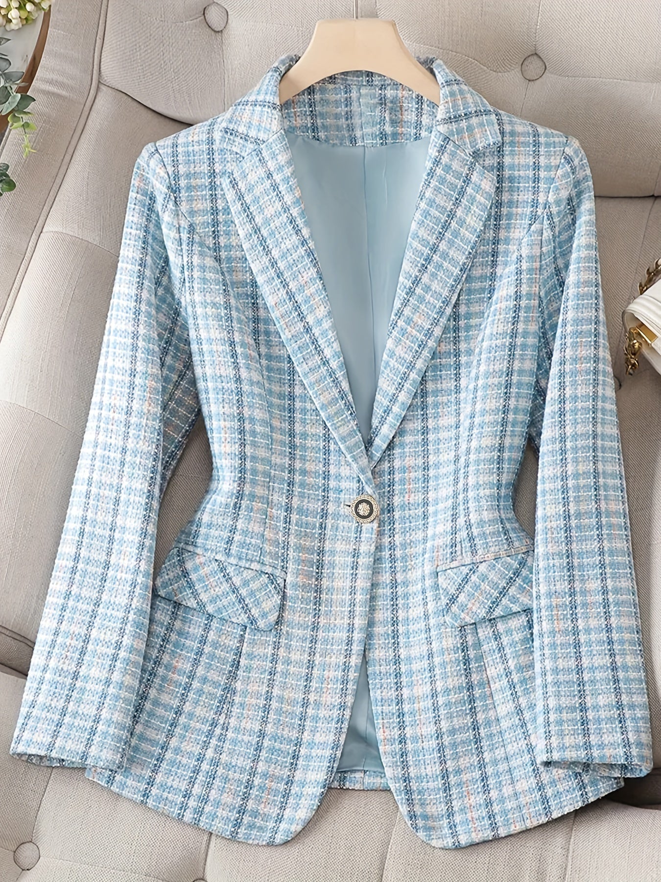 [Hot Selling] Elegant Women's Plaid Blazer - Long Sleeve, Button-Up, Polyester, Machine Washable - Perfect for Work & Business Casual MyFave Boutique