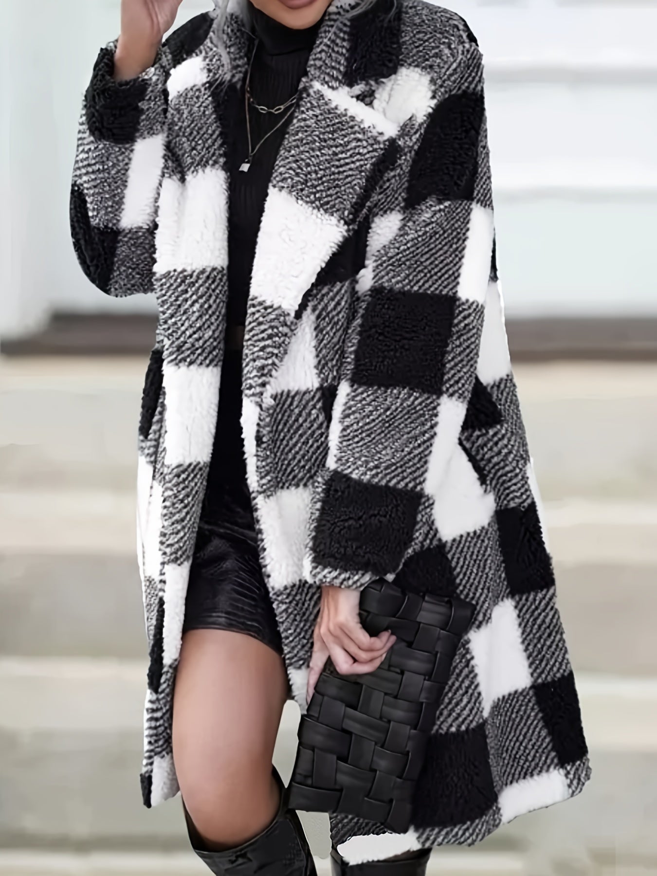 Plaid Pattern Open Front Teddy Coat, Elegant Thermal Long Sleeve Lapel Coat For Fall & Winter, Women's Clothing MyFave Boutique