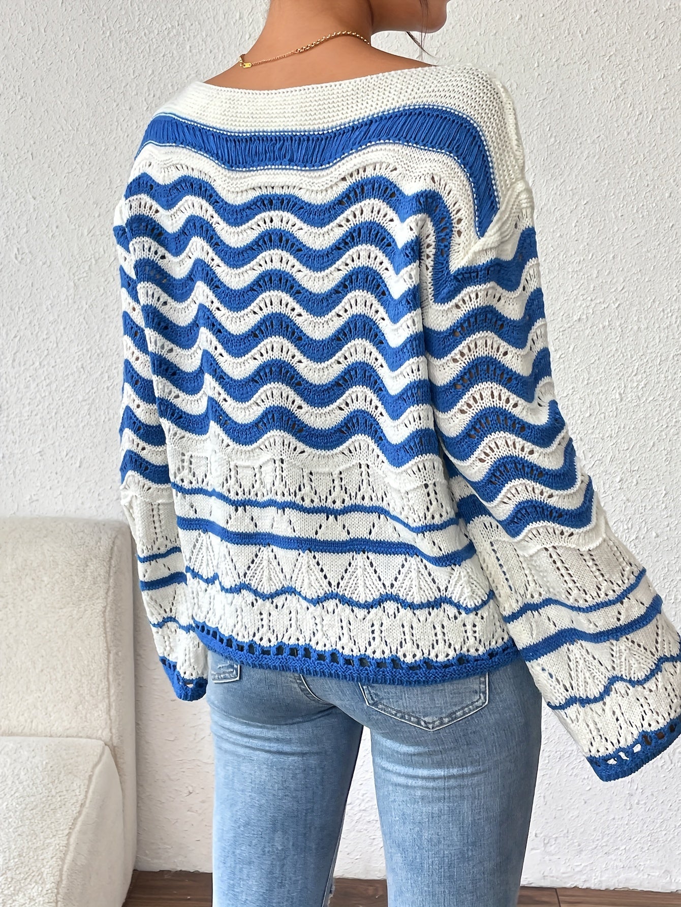 Elegant Off-Shoulder Wave Pattern Color Block Knit Sweater - Long Sleeve, Breathable Acrylic for Women - Perfect for Fall/Winter MyFave Boutique