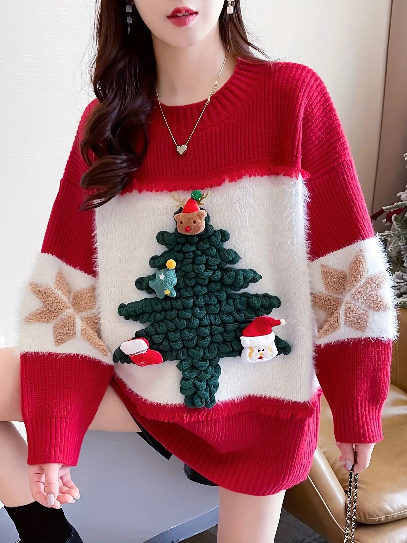 Christmas Tree Decor Crew Neck Sweater, Casual Long Sleeve Sweater For Fall & Winter, Women's Clothing MyFave Boutique