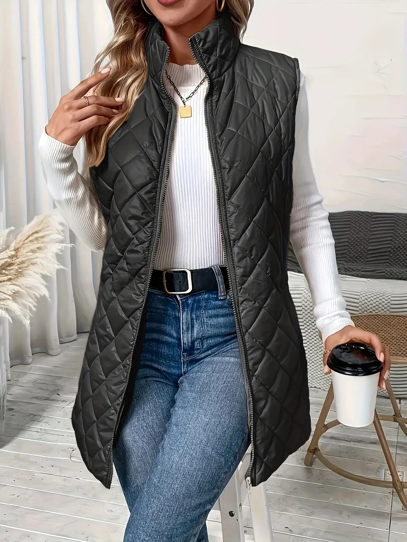 Quilted Zip Up Fluffy Vest Jacket, Casual Sleeveless Warm Gilet Jacket For Fall & Winter, Women's Clothing MyFave Boutique