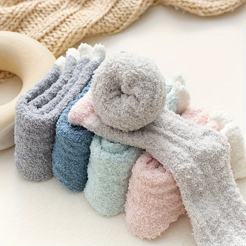 7 Pairs Plush Coral Fleece Sleep Socks - Winter Thick Warm Fluffy Slippers Socks, Color Block Knit Fabric, 95% Polyester 5% Spandex, Hand Washable MyFave Boutique