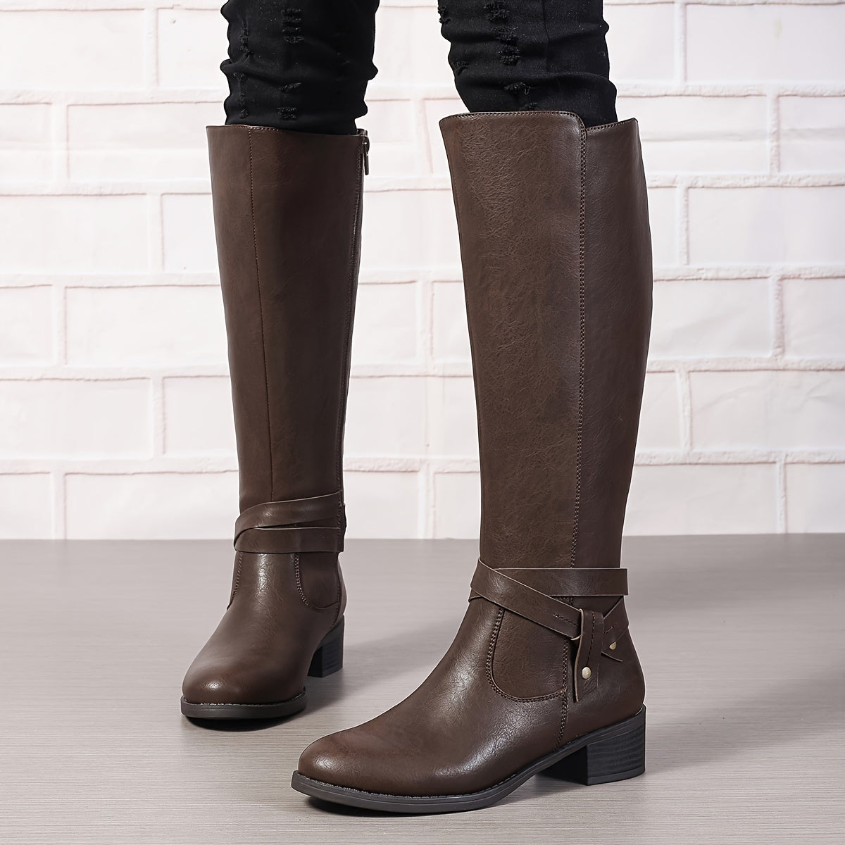 Women's Side Zipper Long Boots, Solid Color Crisscross Buckle Design Boots, All-Match Chunky Low Heeled Boots MyFave Boutique