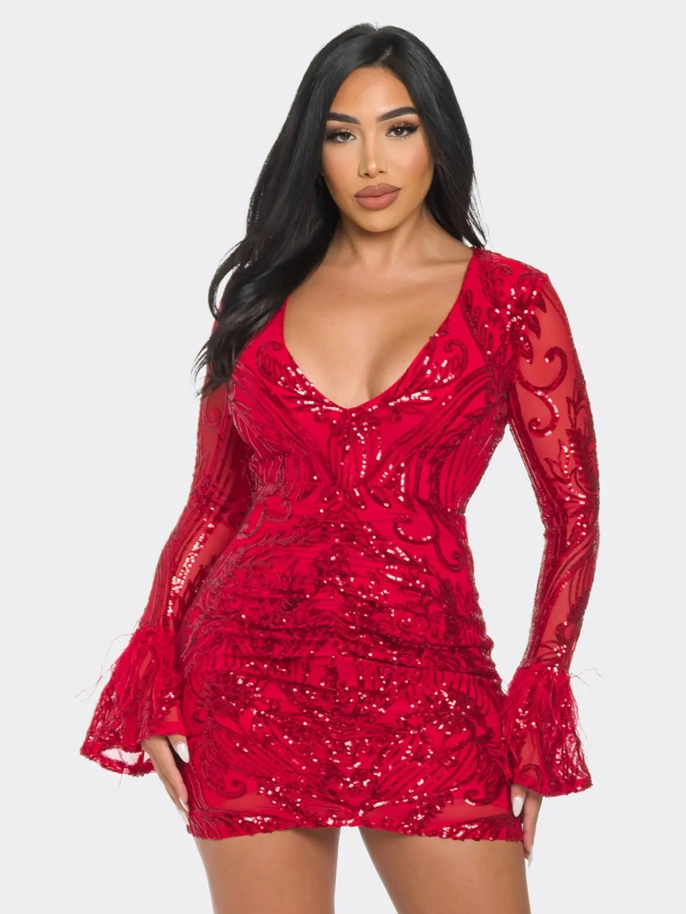 Elegant Long-Sleeve Sequin Mini Dress with Feather Trim Perfect for Glamorous Events MyFave Boutique