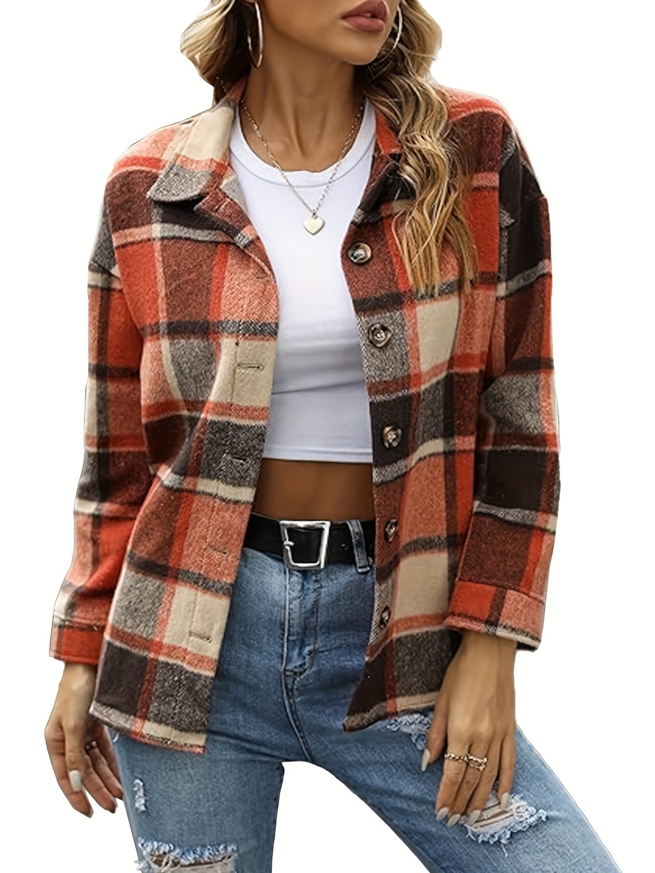 Women's Fall Color Block Plaid Flannel Shacket Jacket Button Down Shirt Coat Tops MyFave Boutique