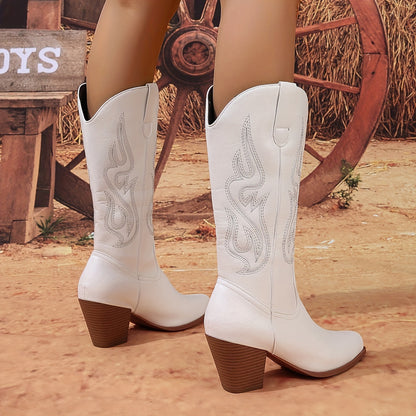 Chic White Embroidered Western Boots For Women - Square Toe, Chunky Heel, Slip-On Mid-Calf Design With Faux Cover & Fabric Lining MyFave Boutique