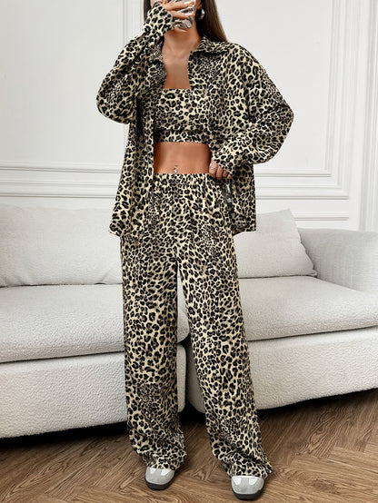 Elegant Leopard Print Women's Outfit - Button-Up Collared Shirt & Pants Set, Machine Washable, Spring/Fall Fashion MyFave Boutique