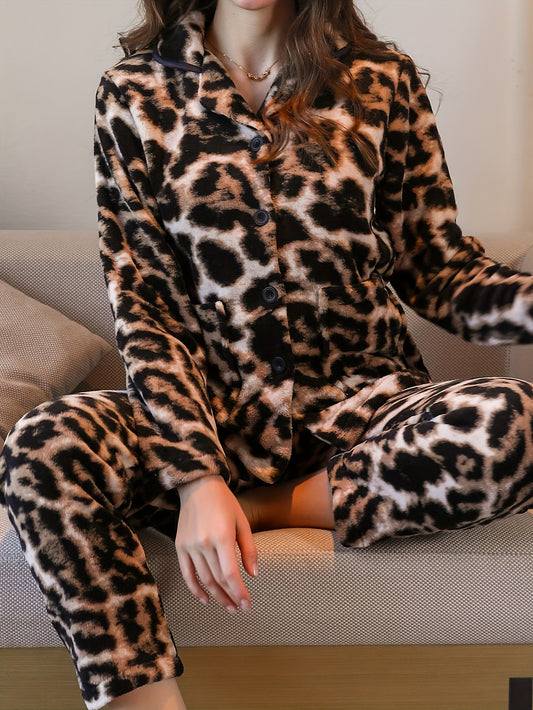 Women's Mature Leopard Print Fleece Thick Pajama Set, Long Sleeve Buttons Lapel Top & Pants, Comfortable Relaxed Fit For Fall & Winter MyFave Boutique