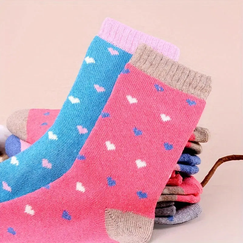 5 Pairs Colorful Heart & Argyle Print Socks, Casual Thick Warm Terry Mid Tube Socks For Fall & Winter, Women's Stockings & Hosiery MyFave Boutique