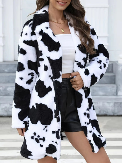 Women's Dalmatian Print Thermal Long Sleeve Lapel Coat, Fall & Winter Plush Coat MyFave Boutique