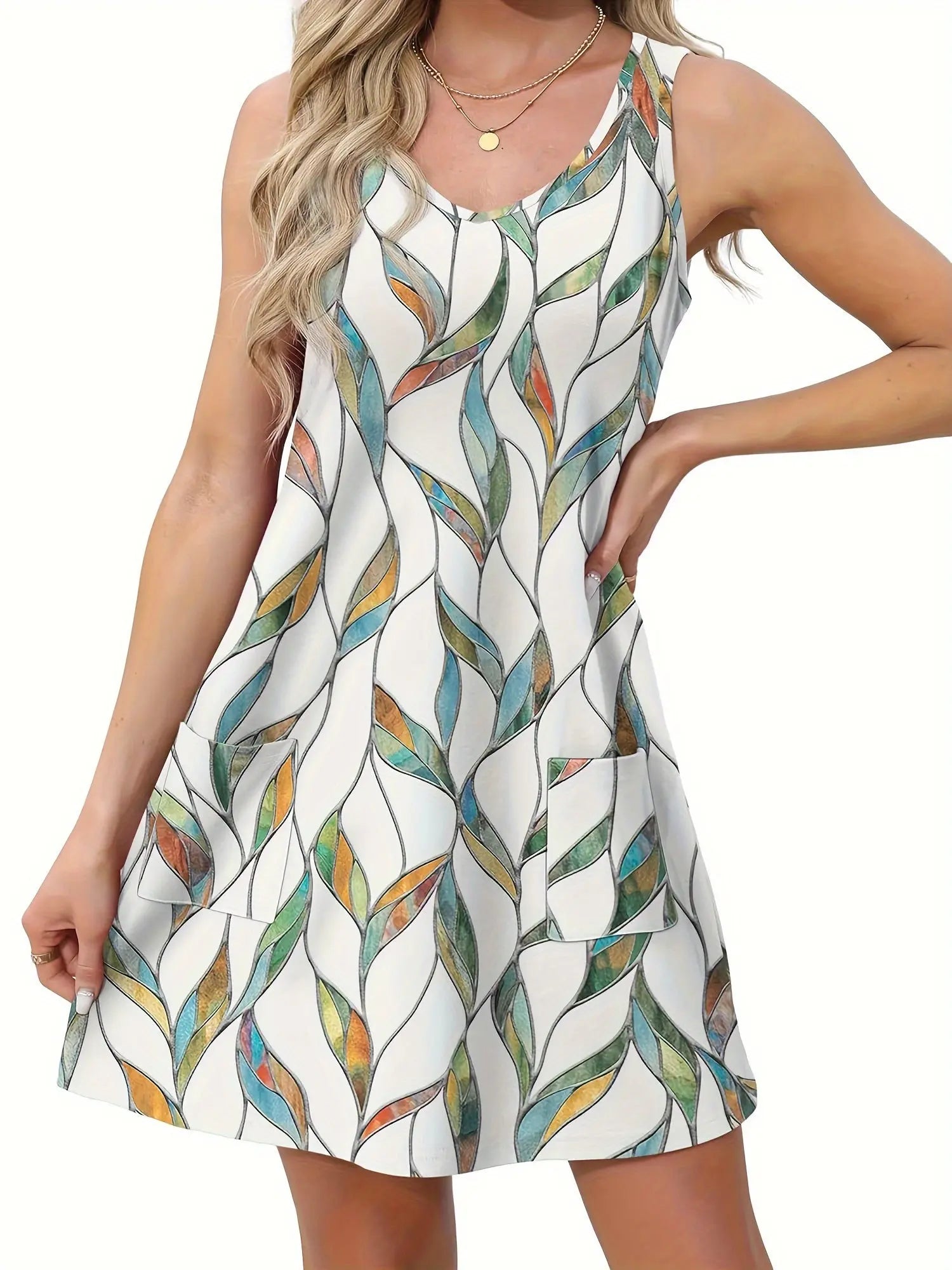 Leaves Print Sleeveless Tank Dress, Casual V Neck Loose With Pockets Tank Dress For Spring & Summer, Women's Clothing MyFave Boutique