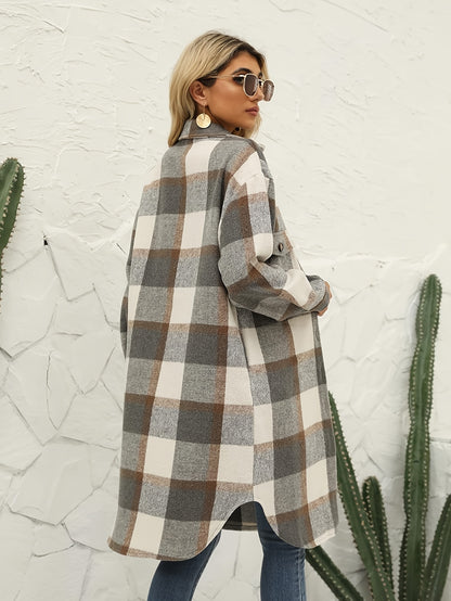 Women's Lounge Lapel Button Up Long Sleeve Plaid Long Shirt Jacket Shacket MyFave Boutique