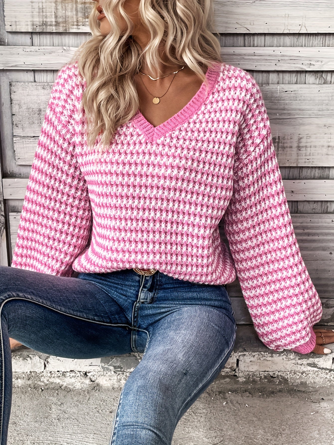 Striped V Neck Pullover Sweater, Casual Long Sleeve Drop Shoulder Sweater, Women's Clothing MyFave Boutique