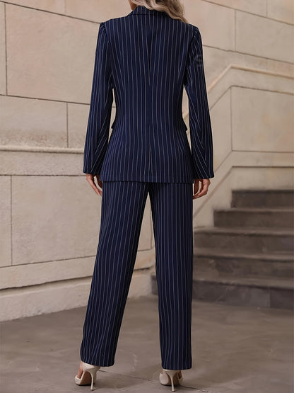 Two Pcs Stripe Print Blazer & Pants Outfit, Long Sleeve Button Front Lapel Blazer & High Waist Straight Leg Pants Outfits, Women's Clothing MyFave Boutique