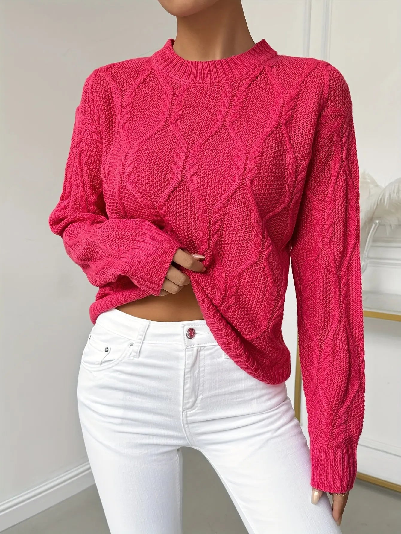 Cable Knit Crew Neck Sweater, Casual Long Sleeve Pullover Sweater For Fall & Winter, Women's Clothing MyFave Boutique