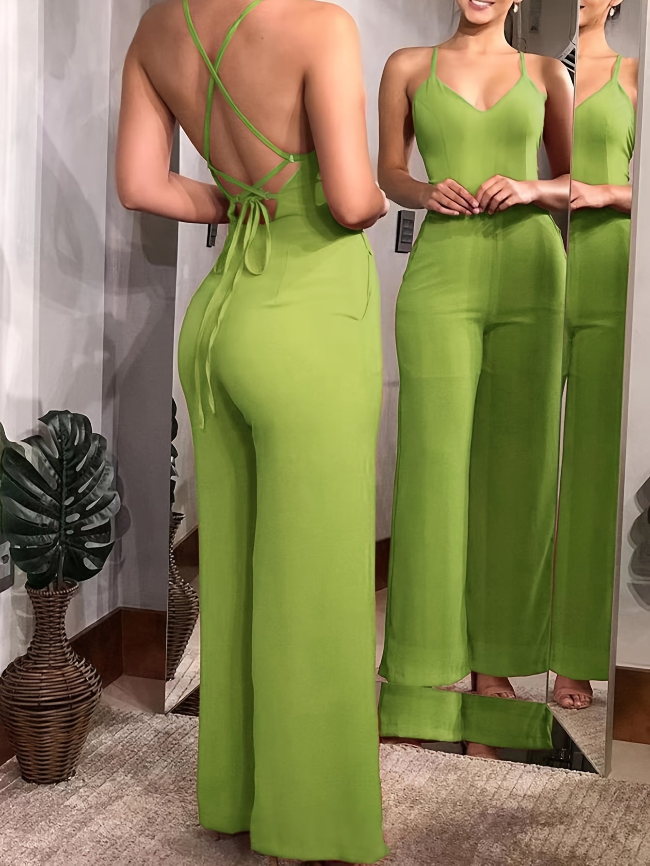 Elegant Cross Tie Back V-neck Jumpsuit for Spring & Summer, Women's Solid Backless Clothing MyFave Boutique