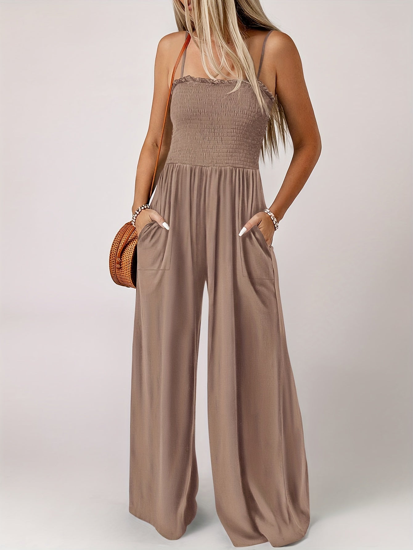 Solid Color Wide Leg Jumpsuit, Casual Spaghetti Strap Sleeveless Slant Pockets Jumpsuit For Spring & Summer, Women's Clothing MyFave Boutique