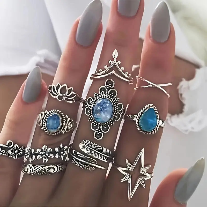 Boho Jewelry Set - 11 Piece Vintage Carved Starry Gemstone Rings for Women MyFave Boutique